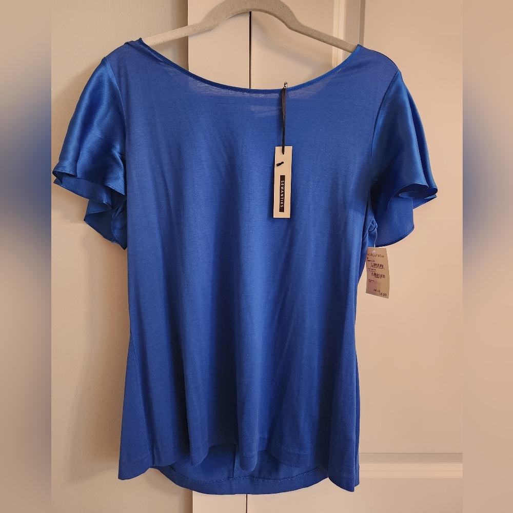 Flutter Cap Sleeve Silky Top Button Back BlueBlouse